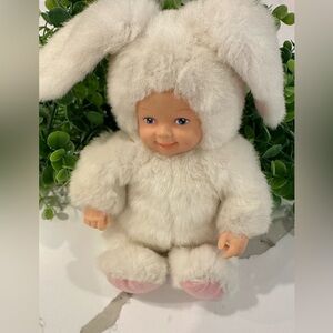 VINTAGE 1997 ANNE GEDDES 9” Baby Doll Stuffed Plush  In White Bunny Rabbit Suit